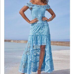 Boston Proper Off the Shoulder Lace Maxi Blue Dress Beaded BoHo High Lo MEDIUM